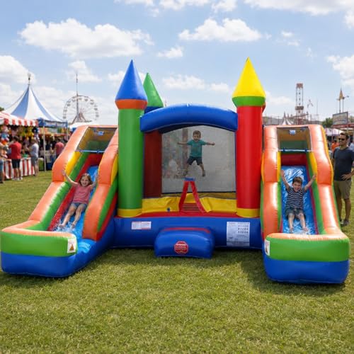 Rainbow Themed Inflatable Bounce House and Double Slide Combo Unit | 16' Long x 15' Wide | Crossover Wet/Dry Bouncer & Dual Lane Slides | Includes Blower, Stakes, & Storage Bag
